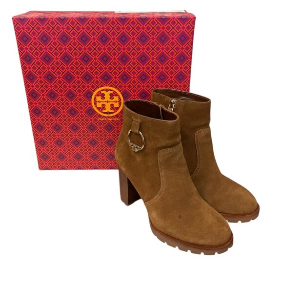 Tory Burch Sofia Brown Suede Lug Sole Heeled Booties - Picture 3 of 5